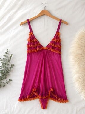 Cacique NWT‎ Pink Orange Ruffle Babydoll Chemise Set 18/20 Lingerie Thong